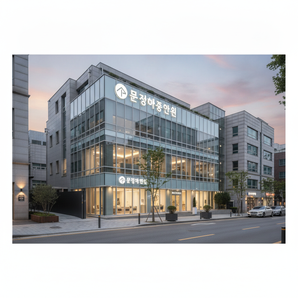 Modern plastic surgery clinic exterior at dusk in Apgujeong, Gangnam Seoul