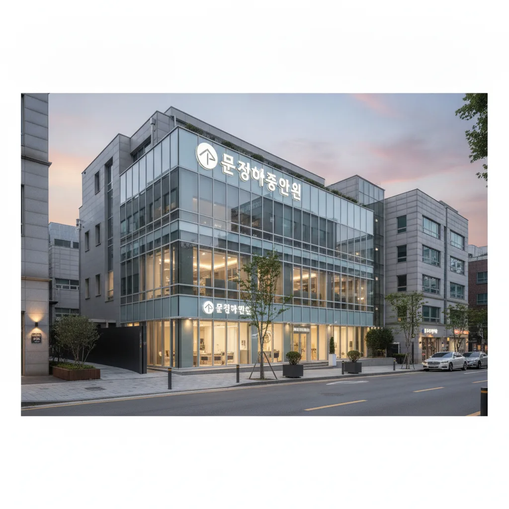 Modern plastic surgery clinic exterior at dusk in Apgujeong, Gangnam Seoul