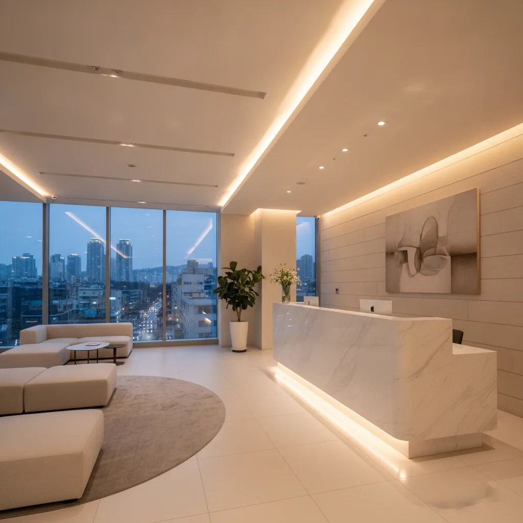 Modern Seoul plastic surgery clinic lobby in Seocho district at dusk