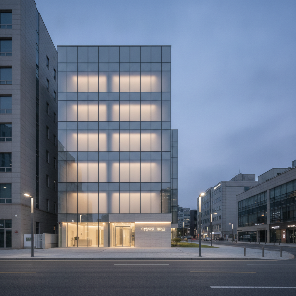 Modern aesthetic surgery clinic exterior at dusk in Apgujeong, Seoul