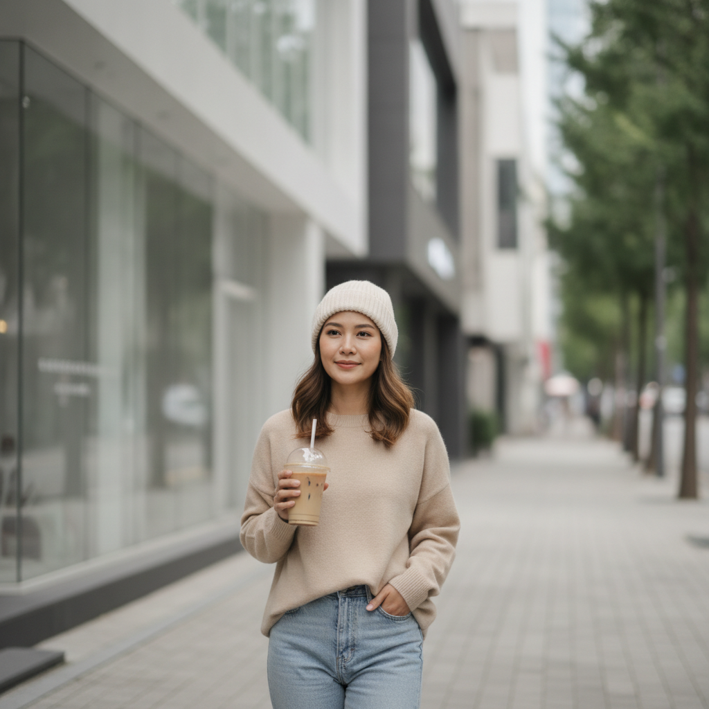 Thai woman in late twenties wearing a neutral cap walking a Cheongdam street in Seoul post-treatment with modern clinic buildings blurred in background