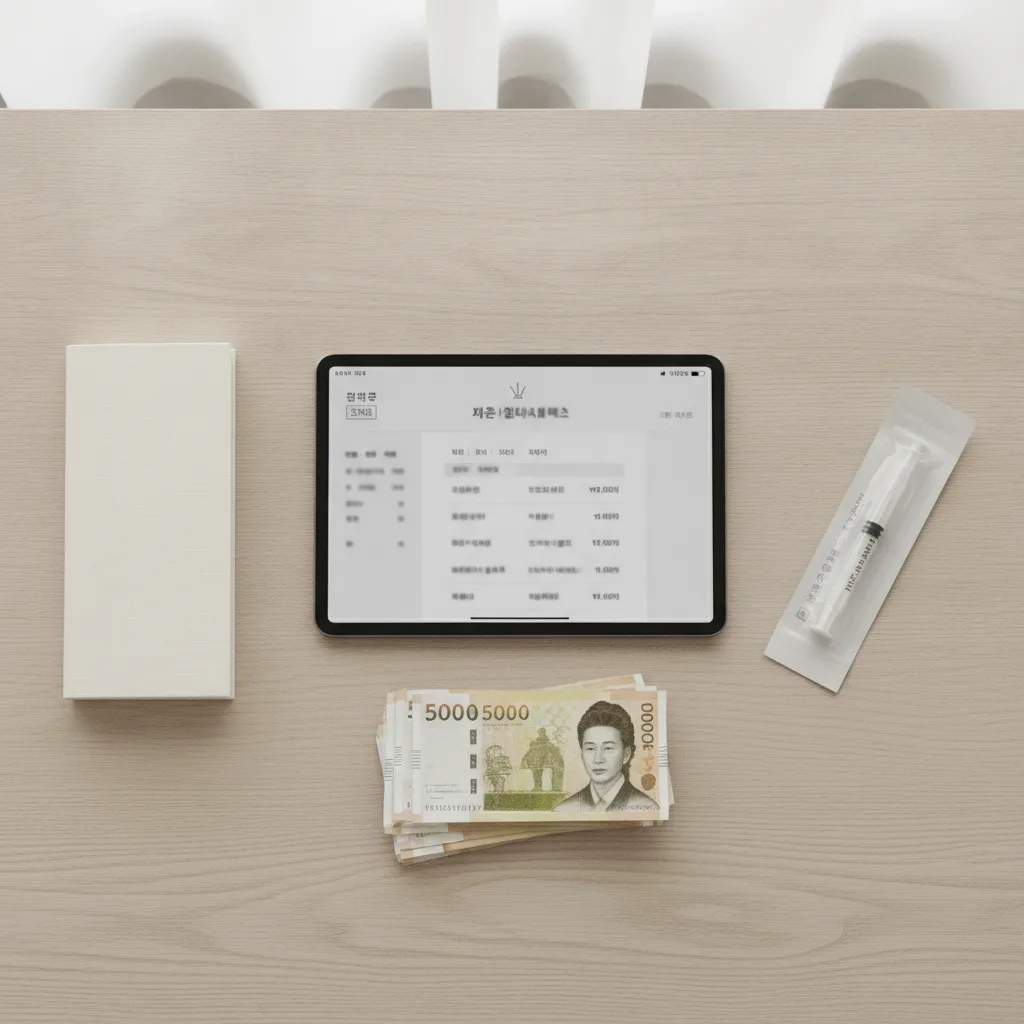 Flat-lay of a Seoul aesthetic clinic price menu with KRW notes and a sealed fat-dissolving syringe