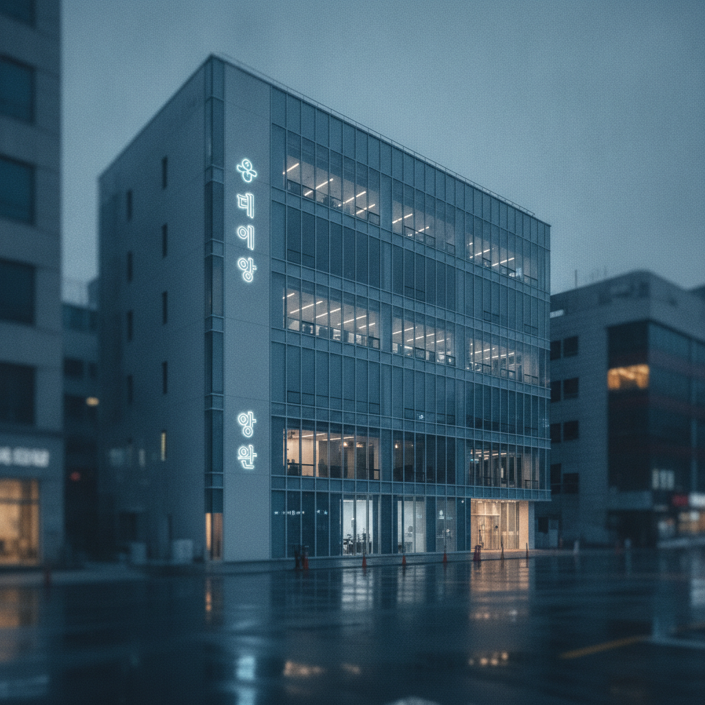 Modern plastic surgery clinic exterior at dusk in Apgujeong, Seoul, with illuminated glass facade.