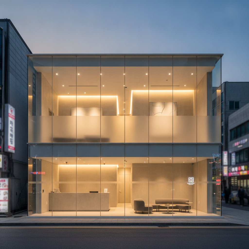 Exterior of a modern Gangnam plastic surgery clinic at dusk with warm interior light glowing through floor-to-ceiling glass.