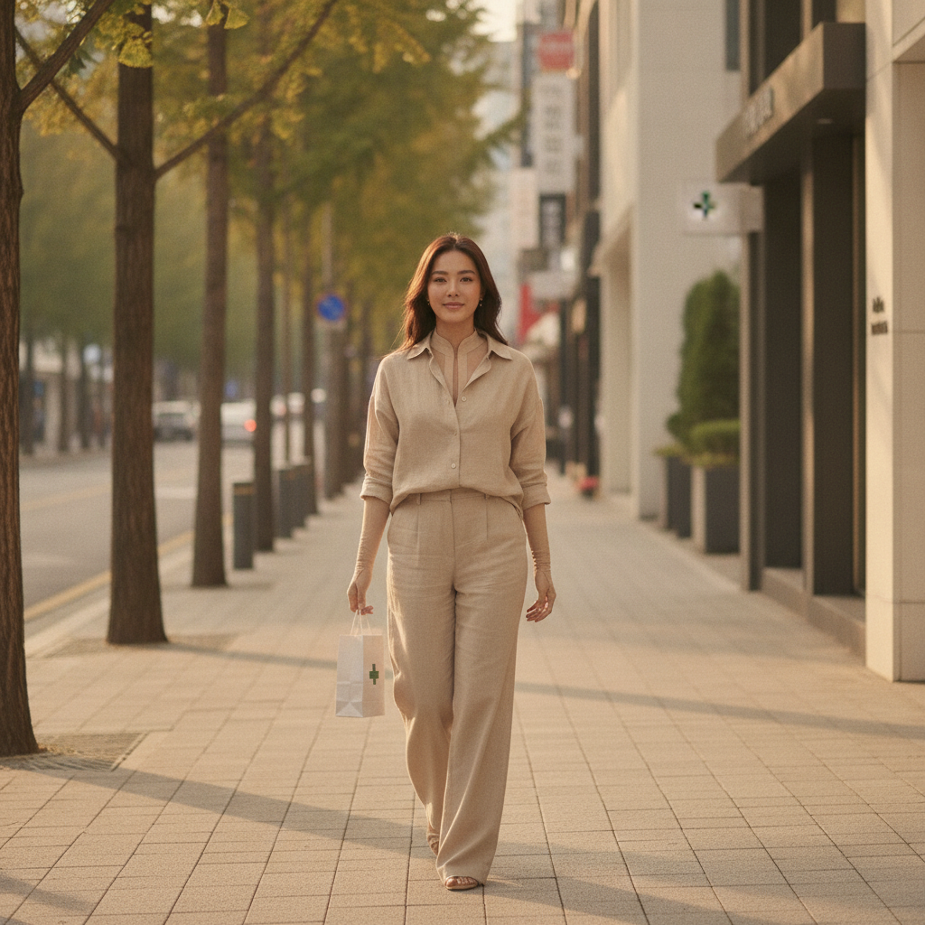 Patient walking through Cheongdam-dong in Seoul during post-operative recovery