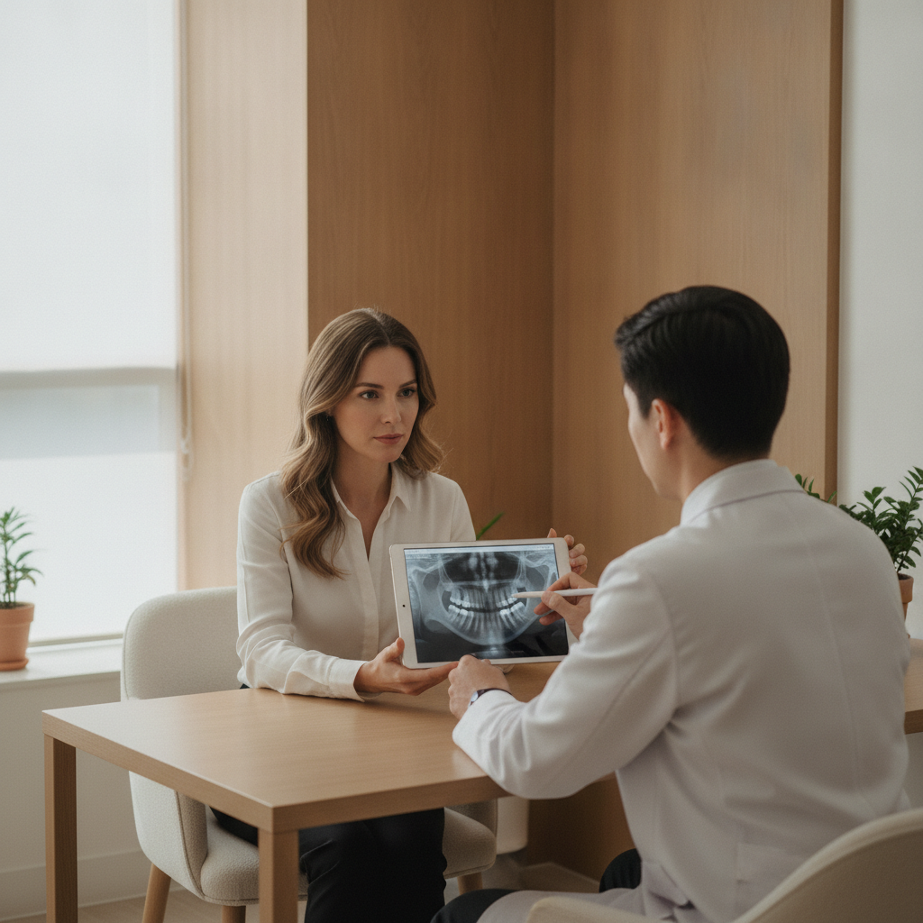 Patient reviewing a jaw CT scan on a tablet in a Seoul plastic surgery consultation room