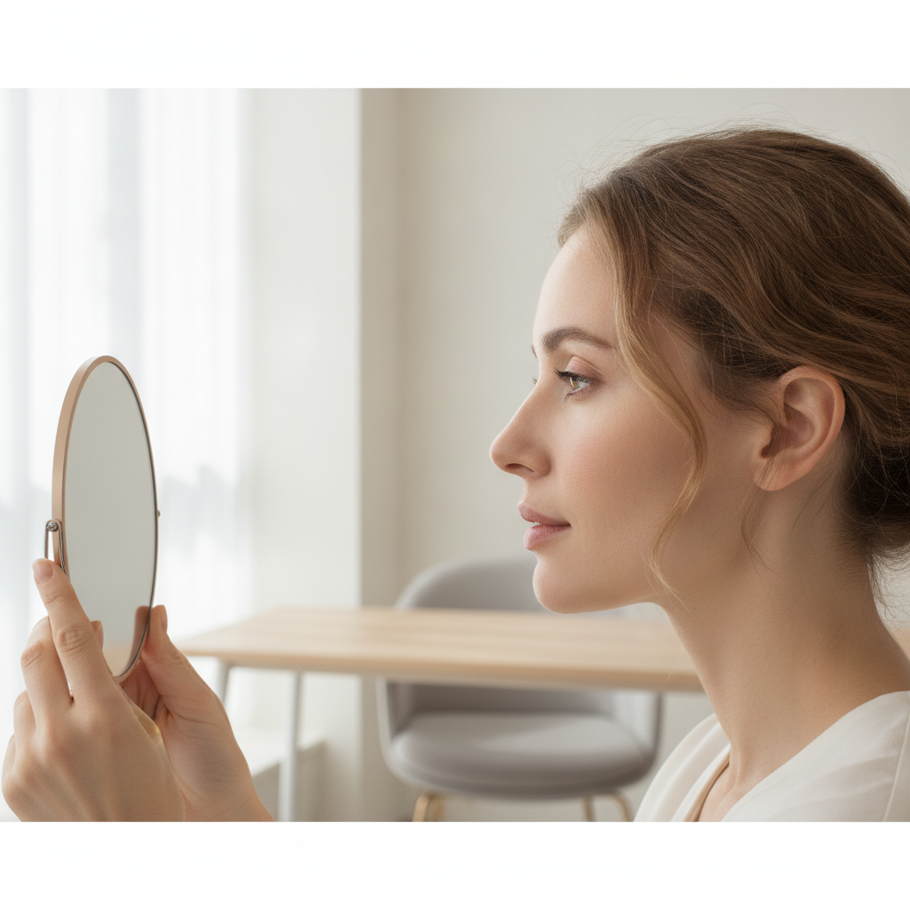 Caucasian woman in her early thirties examines her nose profile in a hand mirror during a consultation in a Seoul clinic