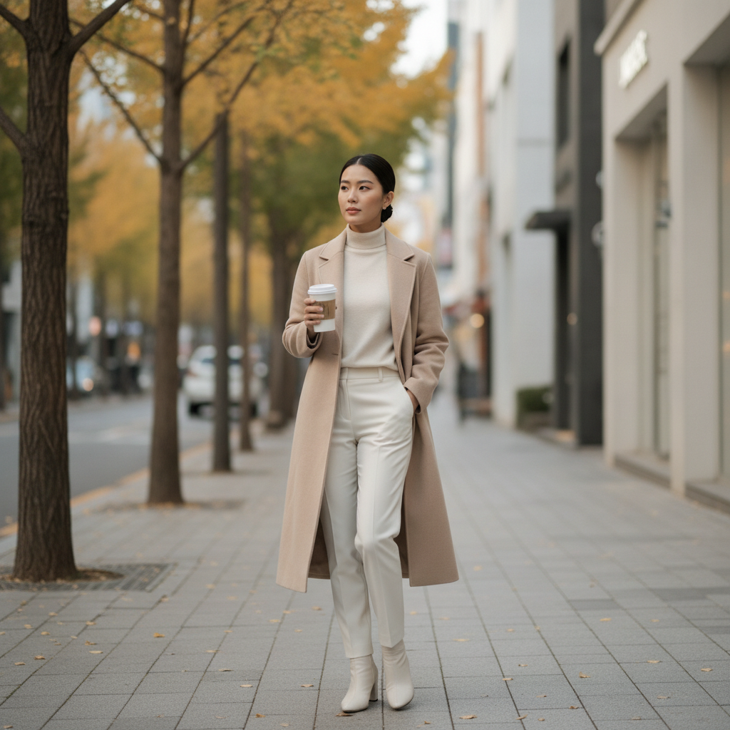 Thai woman in her late twenties walking a Sinsa-dong street in Seoul post-consultation, holding a coffee
