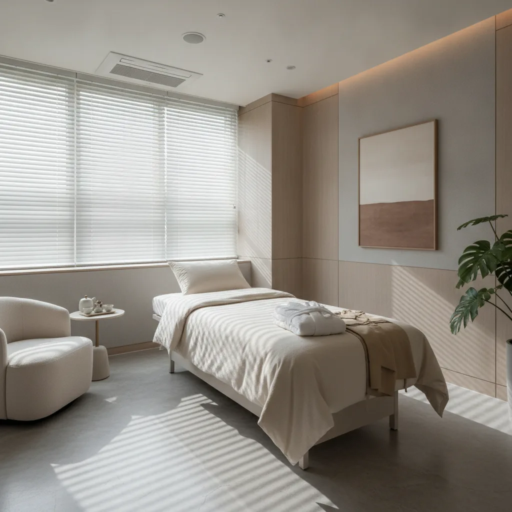Empty recovery room in a Gangnam plastic surgery clinic with folded white robe and compression garment on the bed