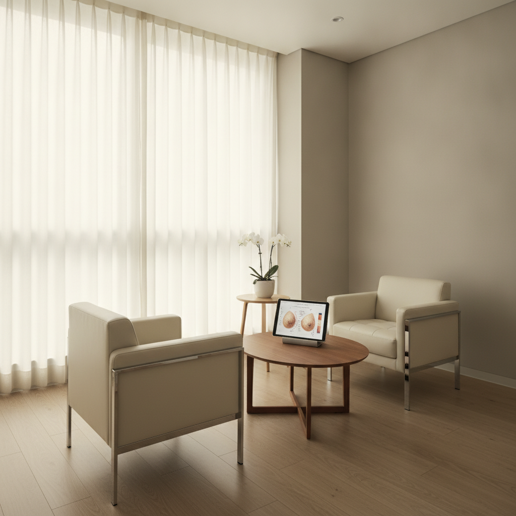 Empty private consultation room in a Gangnam plastic surgery clinic with cream leather chairs and a tablet showing breast anatomy.