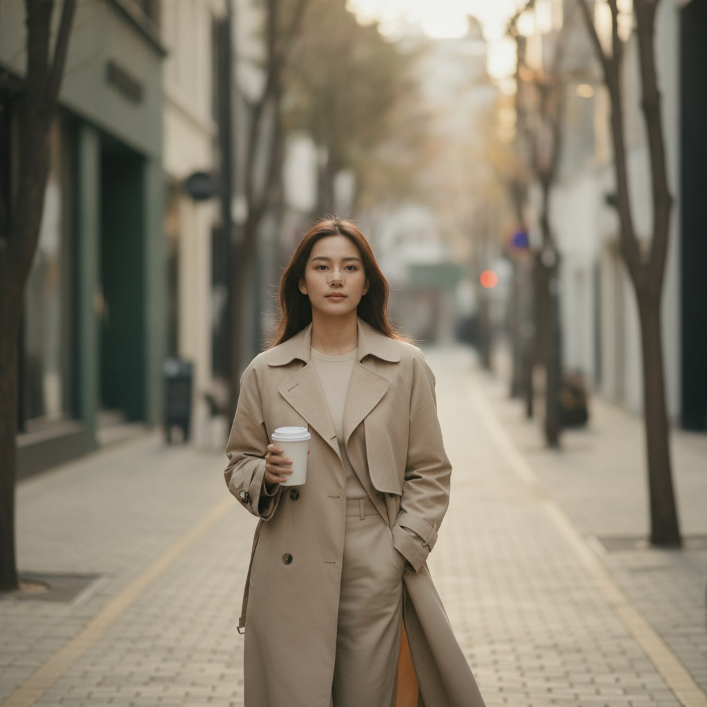 Thai woman in her late twenties wearing a nose splint walks a quiet Cheongdam side street post-surgery