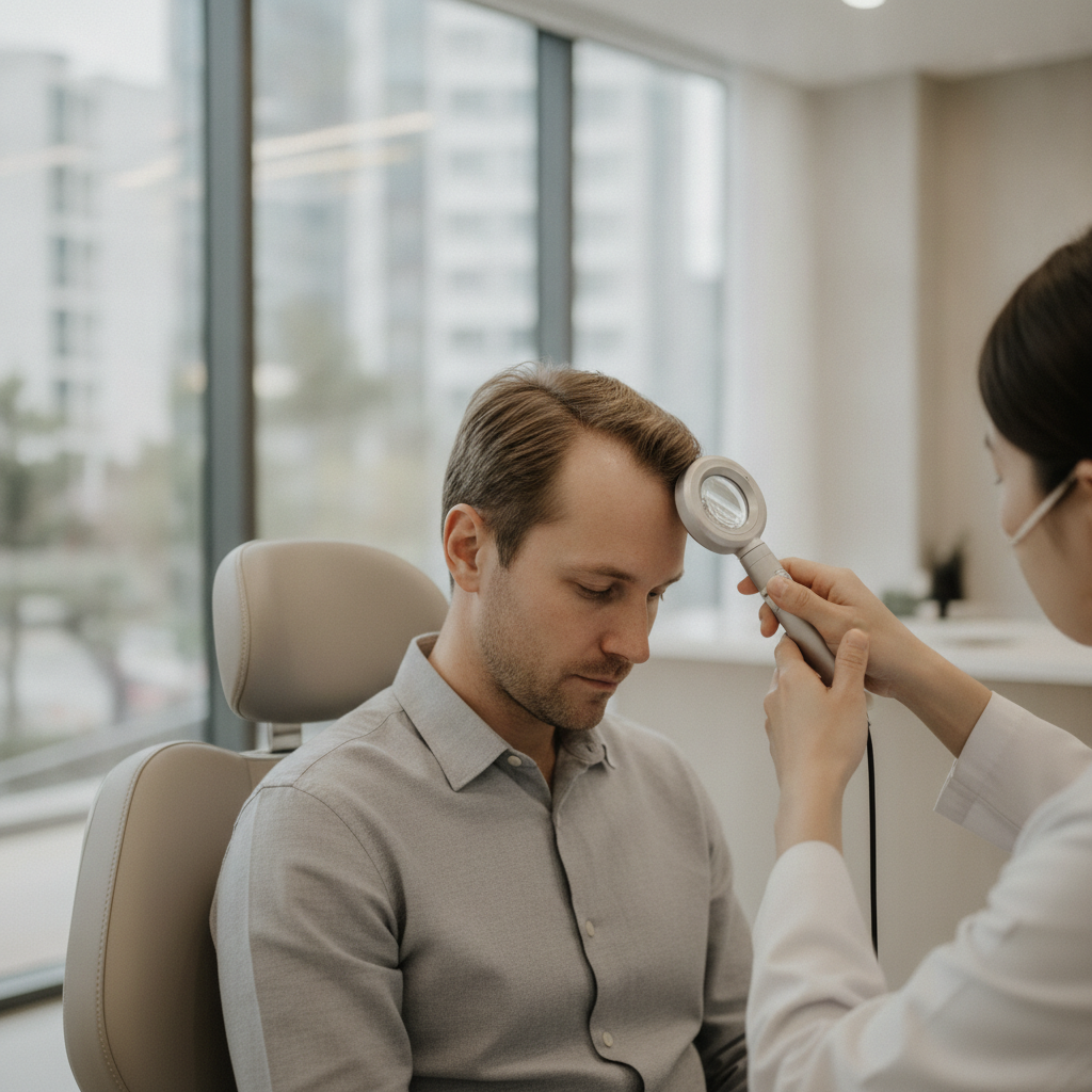 A Western man in his thirties consulting with a Seoul hair-transplant doctor examining his hairline