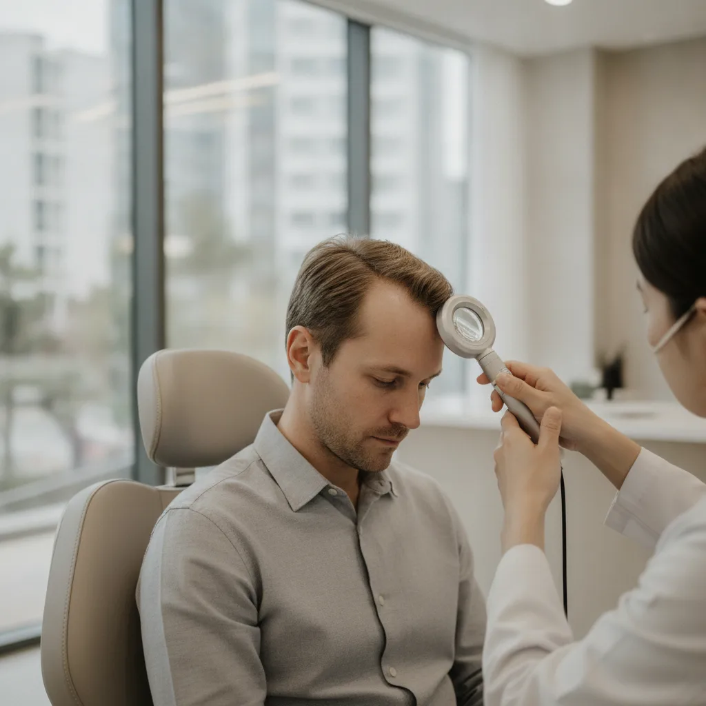 A Western man in his thirties consulting with a Seoul hair-transplant doctor examining his hairline