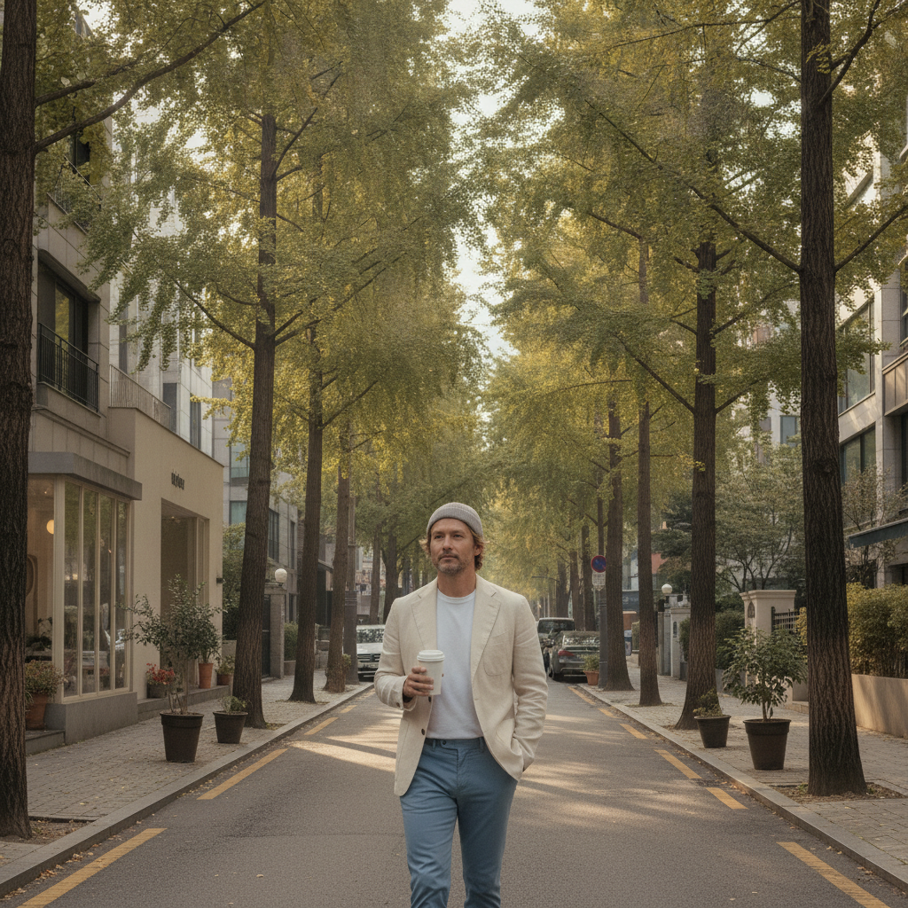 A Western man in his forties walking a quiet Apgujeong street in a soft cotton cap on a post-procedure recovery day