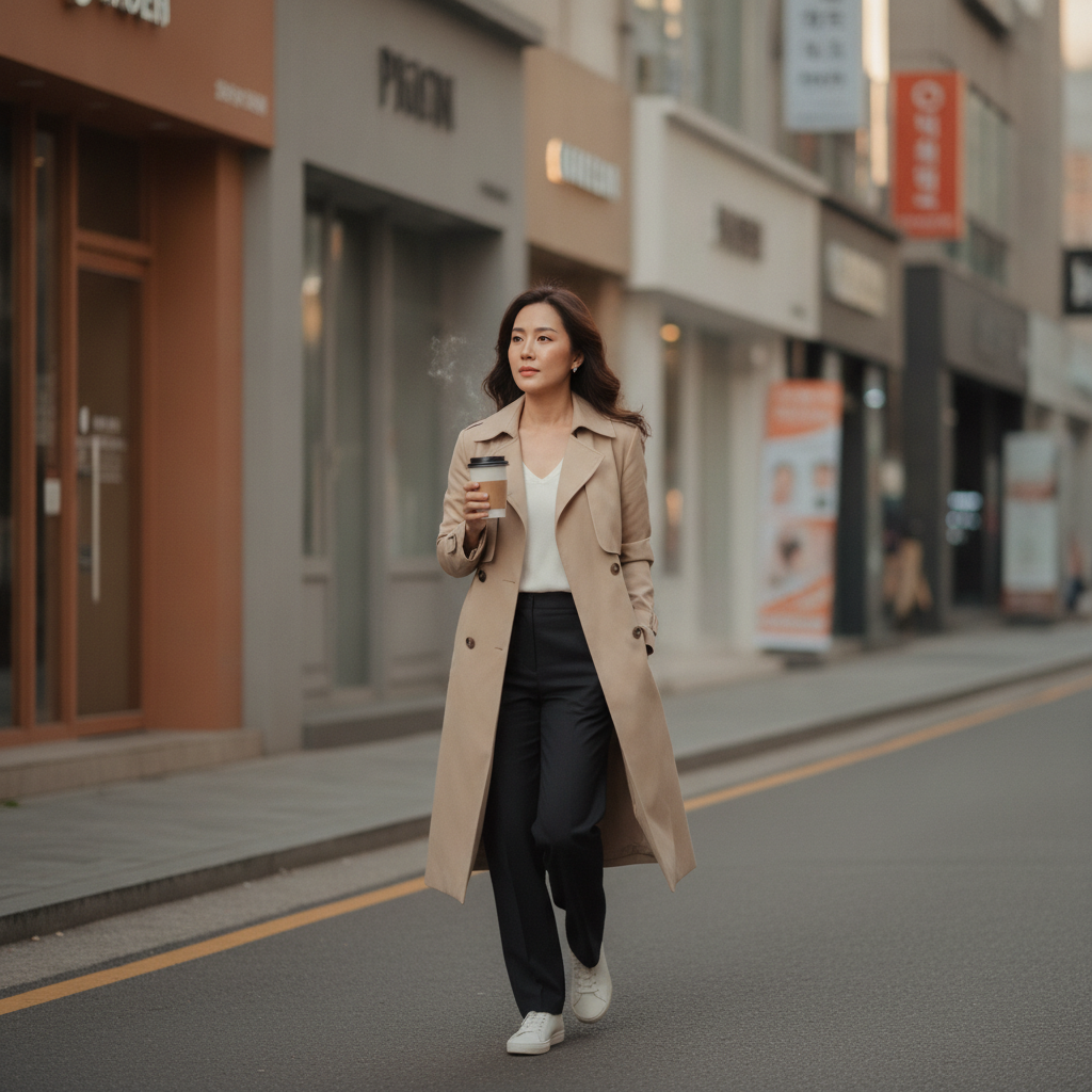 A woman in a beige trench coat walks a quiet Apgujeong street holding takeaway coffee, premium clinic signage blurred in the background.