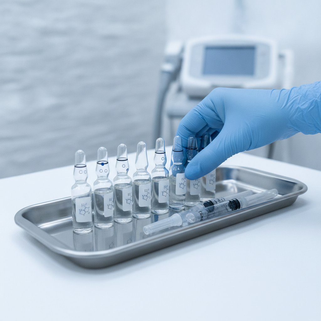 Row of mesotherapy cocktail ampoules and vials on a clinic tray, gloved hand adjusting one