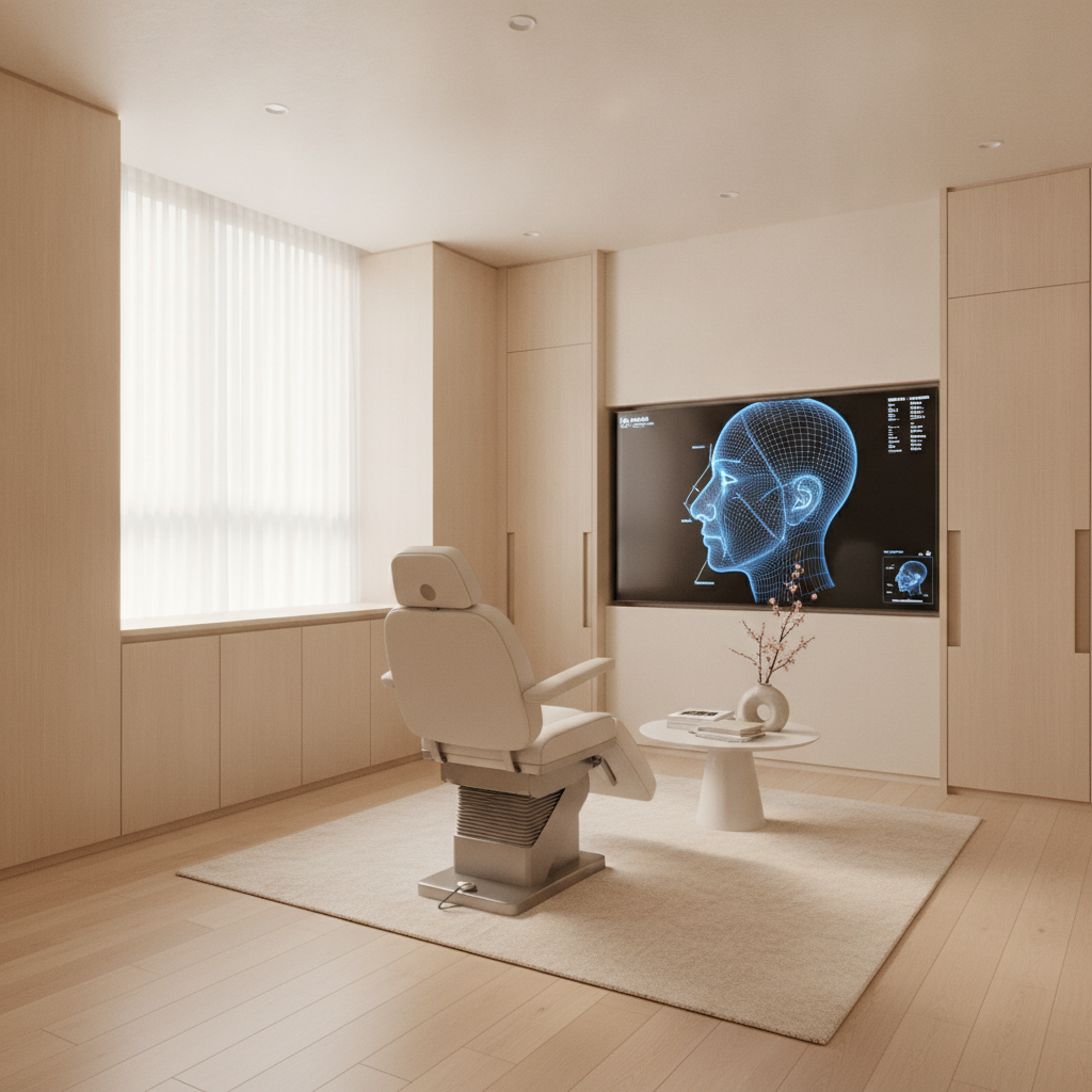 Modern rhinoplasty consultation room in a Gangnam plastic surgery clinic in Seoul with 3D imaging screen