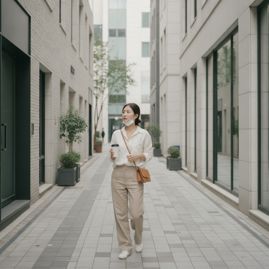 Patient walking a quiet Apgujeong street during recovery period