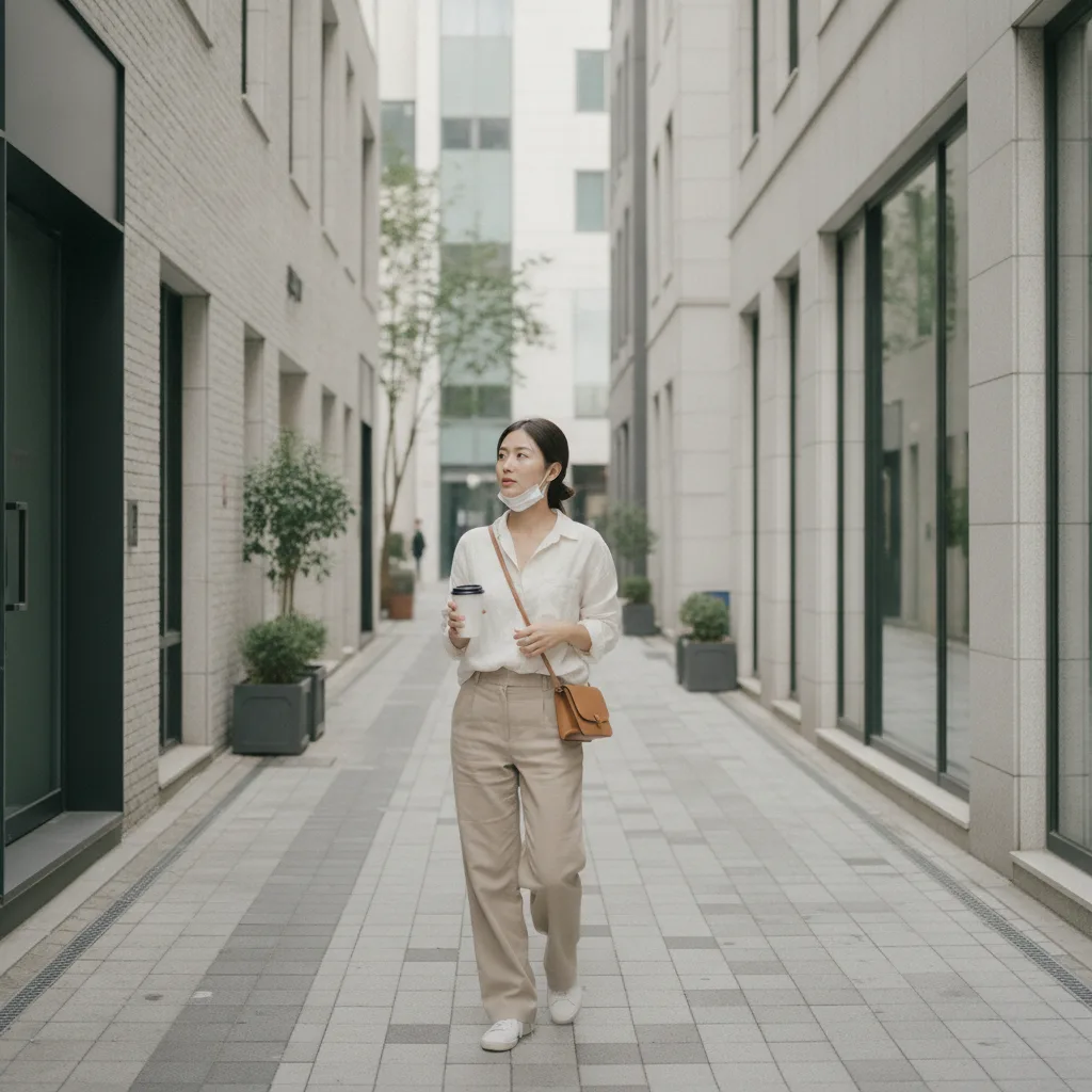 Patient walking a quiet Apgujeong street during recovery period