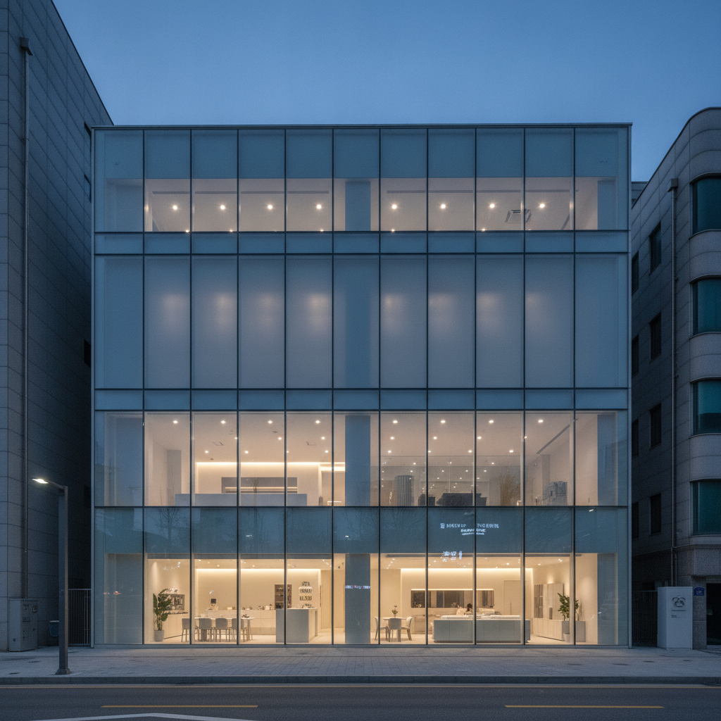 Modern Seoul plastic surgery clinic exterior in Gangnam at dusk with glass facade and soft interior glow