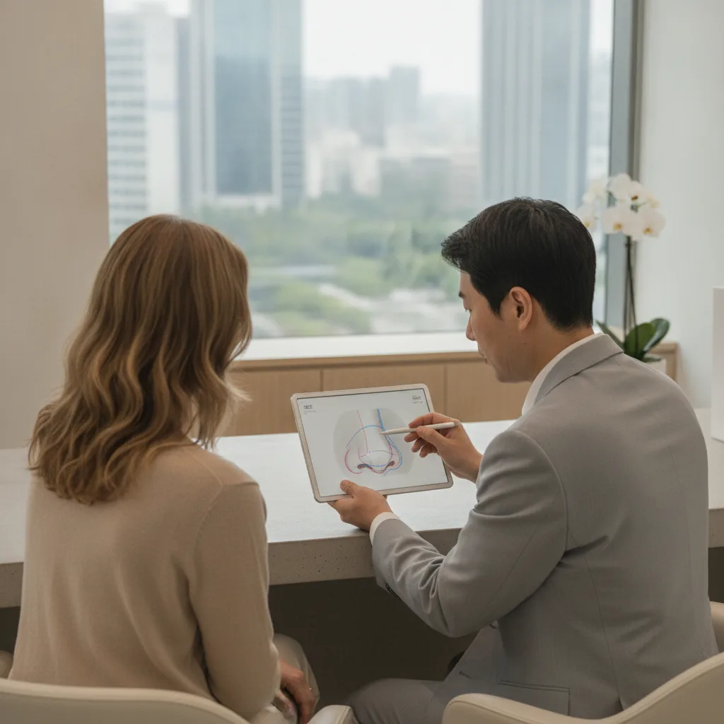 Caucasian woman consulting with a Seoul rhinoplasty surgeon reviewing a nose profile diagram
