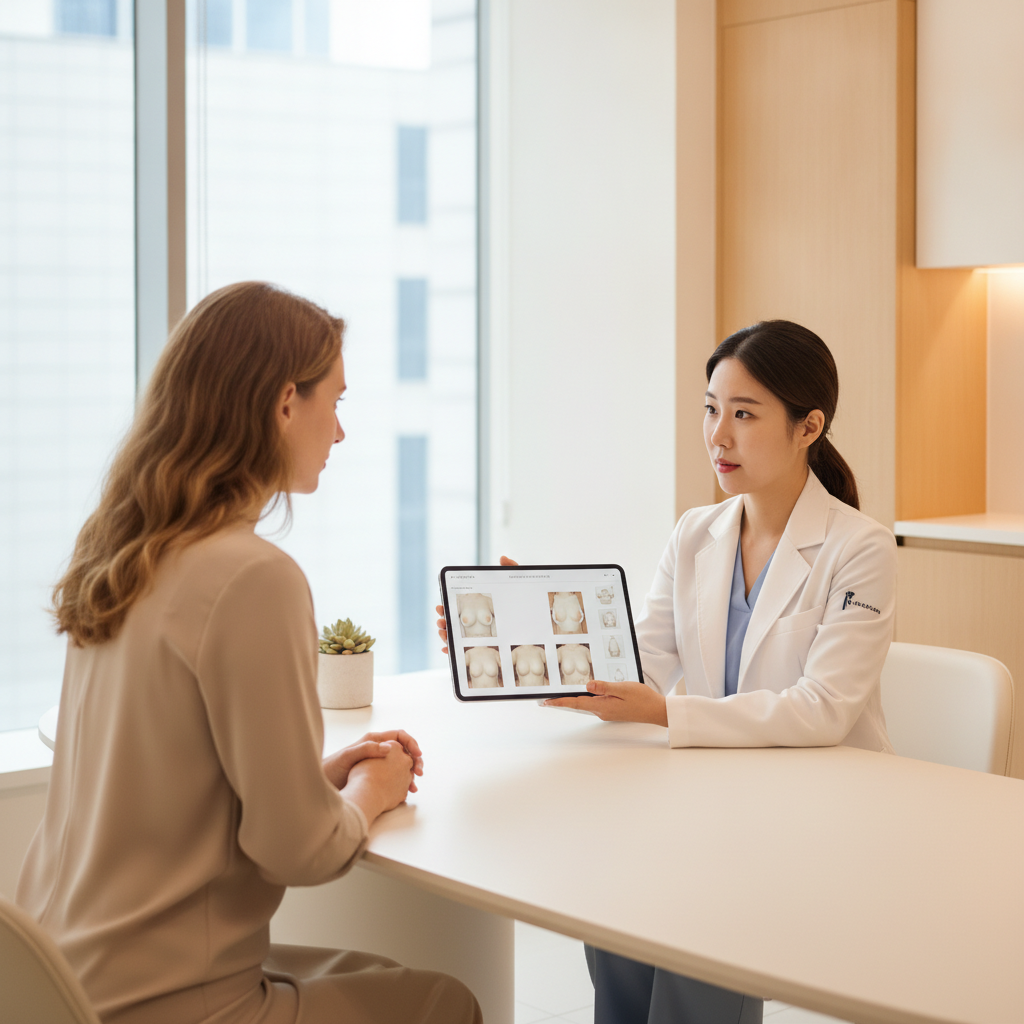 Consultation view: a Western woman across from a Korean female plastic surgeon reviewing a 3D breast simulation on a tablet in an Apgujeong clinic.