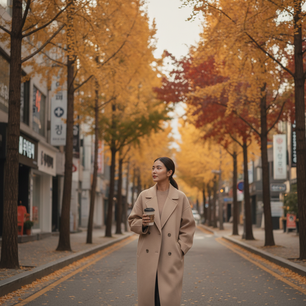 Woman in a beige coat holding a takeaway coffee, walking down an Apgujeong Rodeo street with clinic signage softly blurred in the background