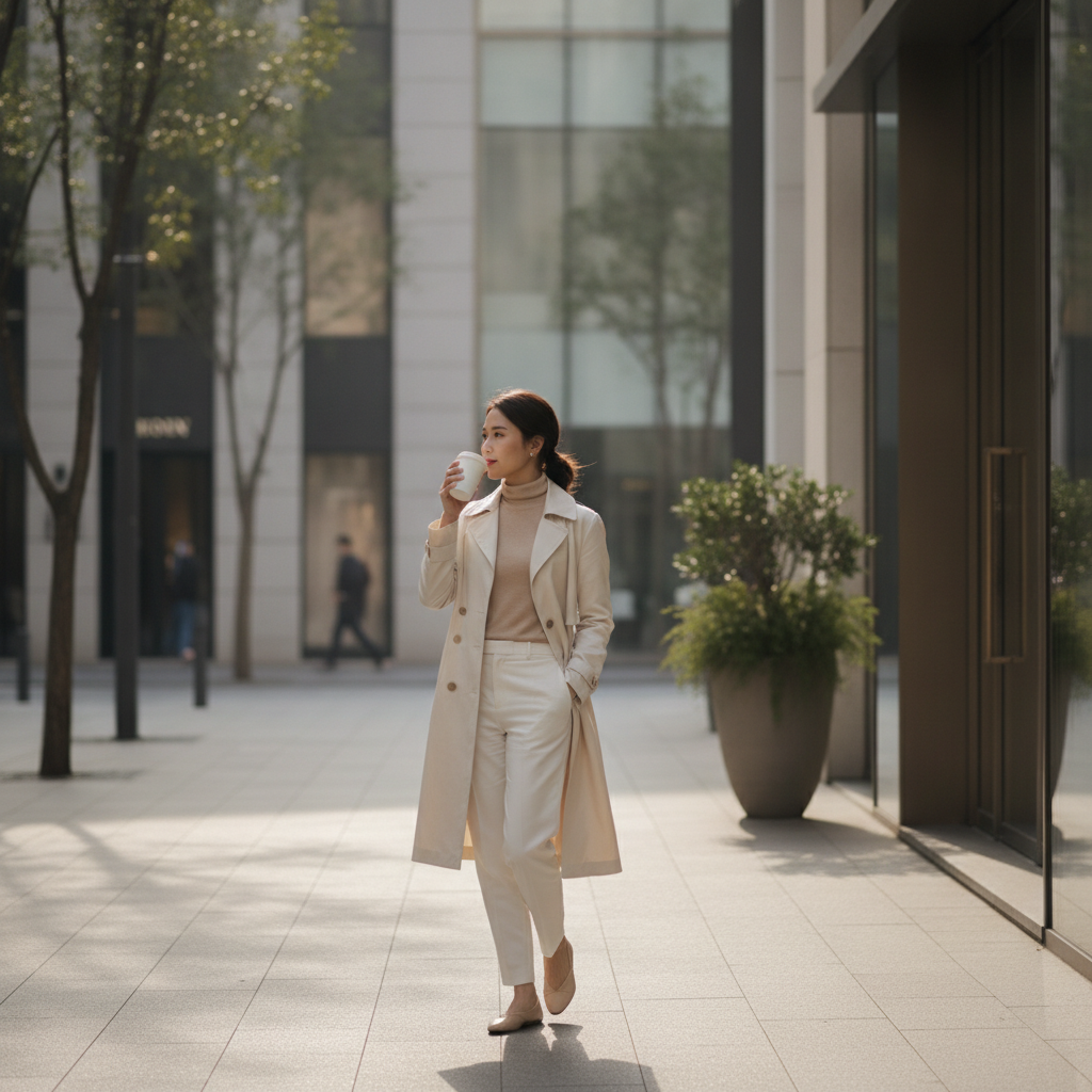 Pan-Asian woman walking through Apgujeong, Seoul, on a quiet upscale street post-consultation.