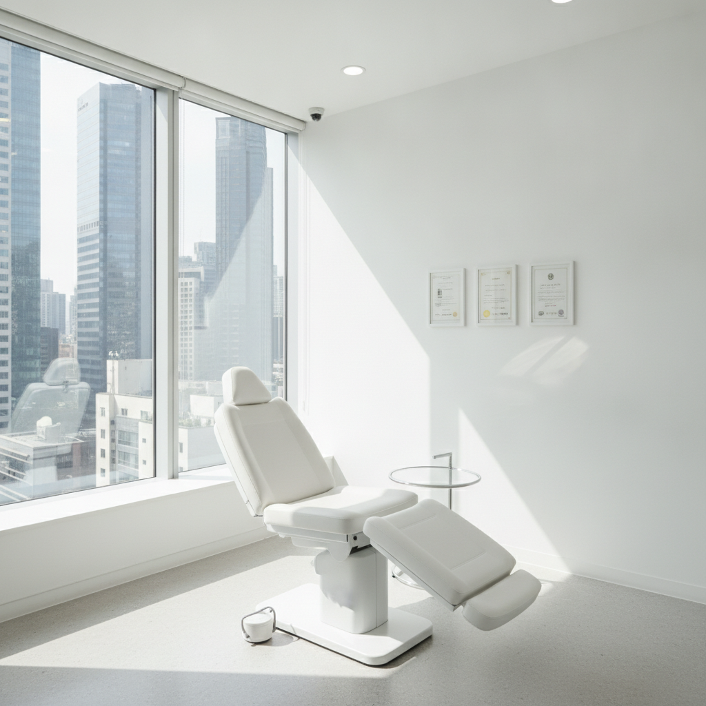 Modern plastic surgery clinic consultation room in Gangnam, Seoul — clean white interior with natural light