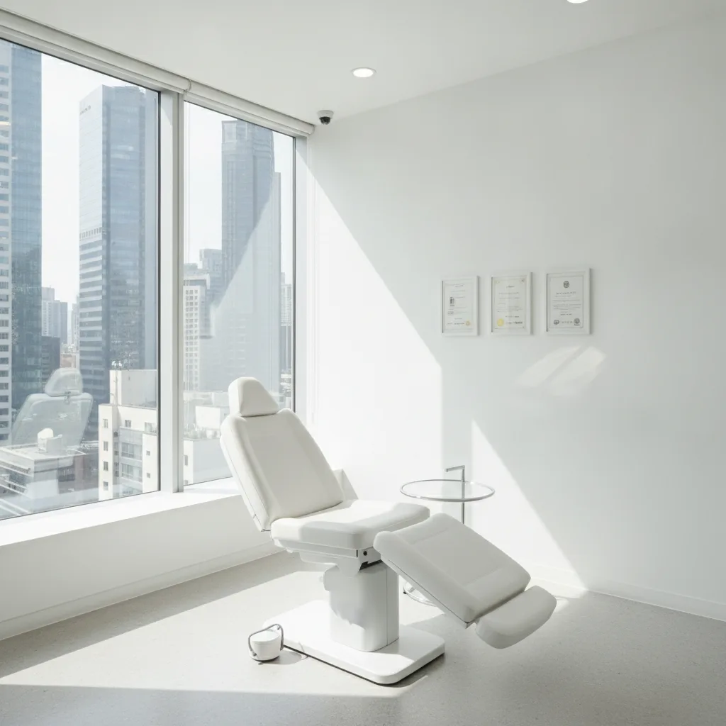 Modern plastic surgery clinic consultation room in Gangnam, Seoul — clean white interior with natural light