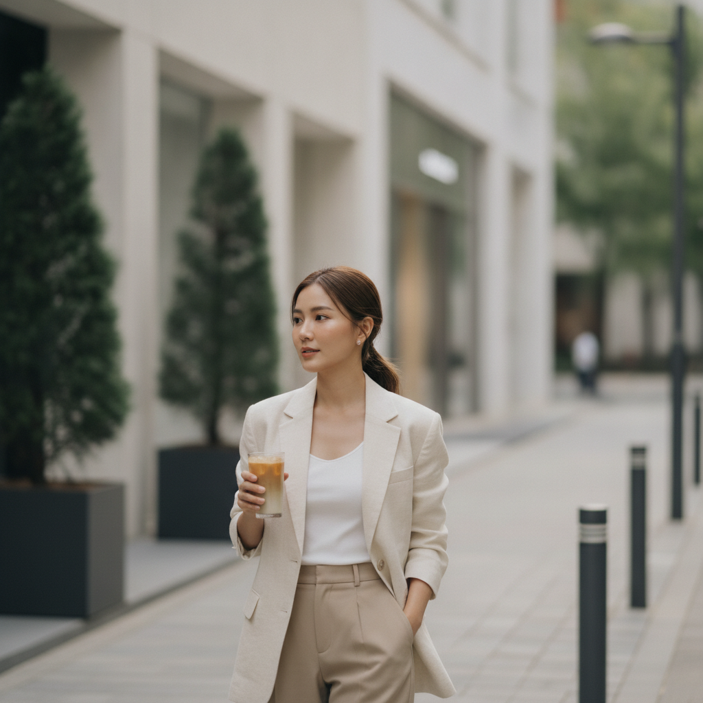 Thai woman in her late twenties walking a quiet Cheongdam street with an iced coffee after an RF microneedling session