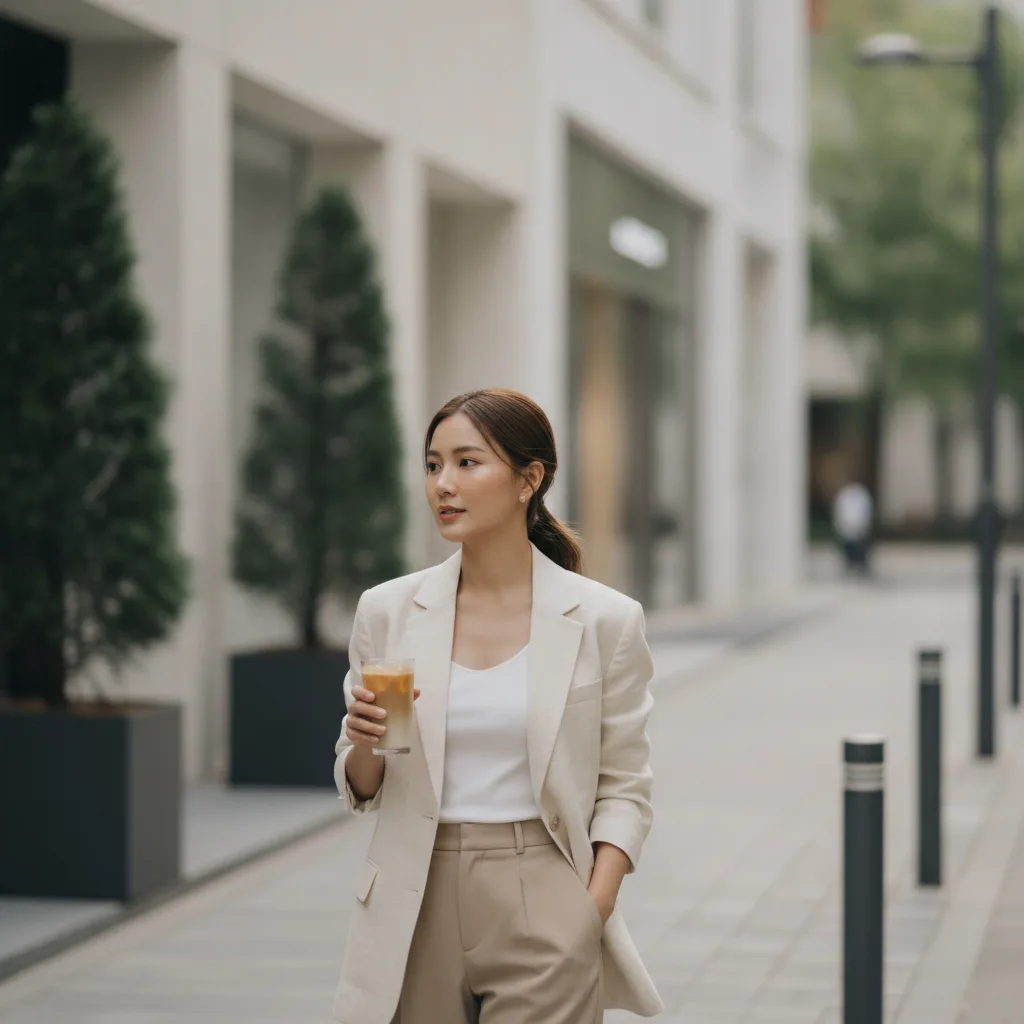 Thai woman in her late twenties walking a quiet Cheongdam street with an iced coffee after an RF microneedling session