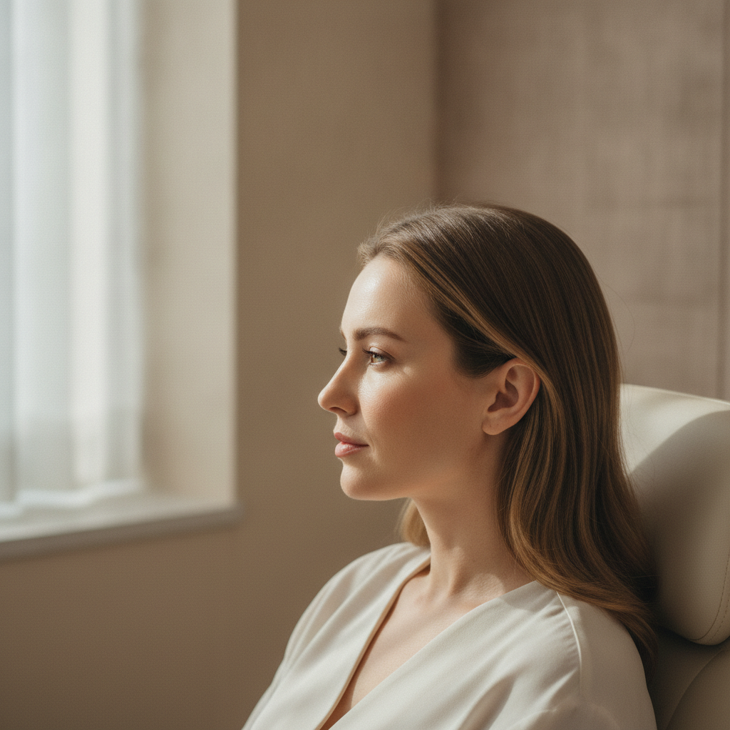Caucasian woman in her early thirties in profile at a Seoul aesthetic clinic consultation room, showing a smooth forehead and relaxed brow area