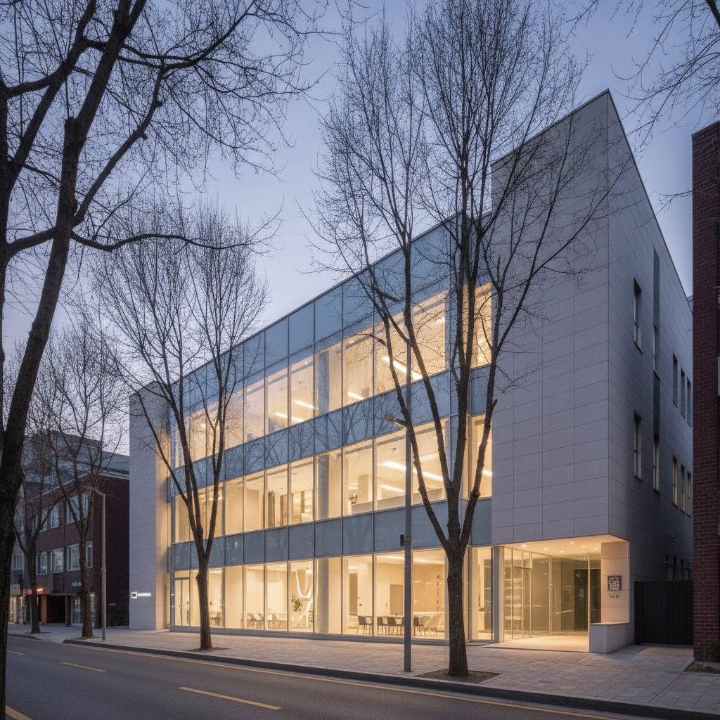 Modern upscale plastic surgery clinic building in Apgujeong Seoul at dusk with warm glass facade lighting on a quiet tree-lined street.