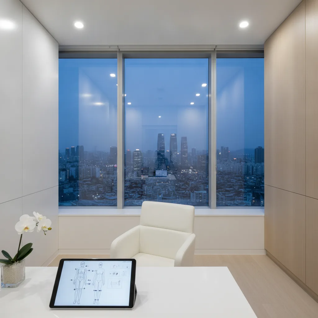 Modern Seoul plastic surgery consultation room in Gangnam at dusk, body-contouring diagram visible on a tablet on the desk