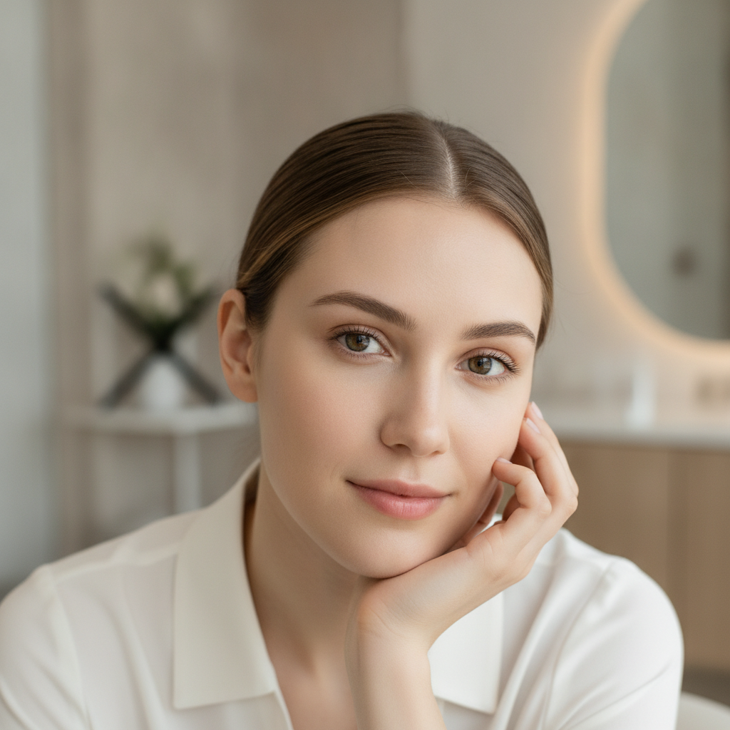 Close-up portrait of a woman in her late twenties resting her chin on her hand in a bright consultation room, natural minimal makeup, focus on the eye area.