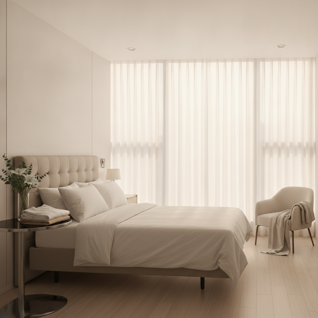 Private recovery suite in a Gangnam plastic surgery clinic with a made hospital bed and folded compression garments