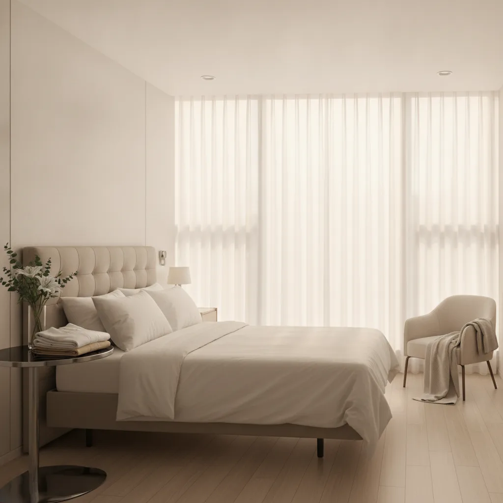 Private recovery suite in a Gangnam plastic surgery clinic with a made hospital bed and folded compression garments