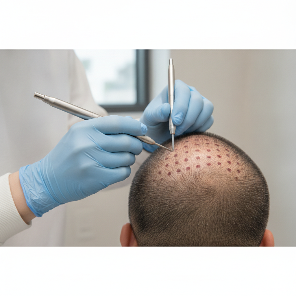Close-up of a Seoul hair-transplant surgeon extracting follicular units from a scalp using a fine FUE punch
