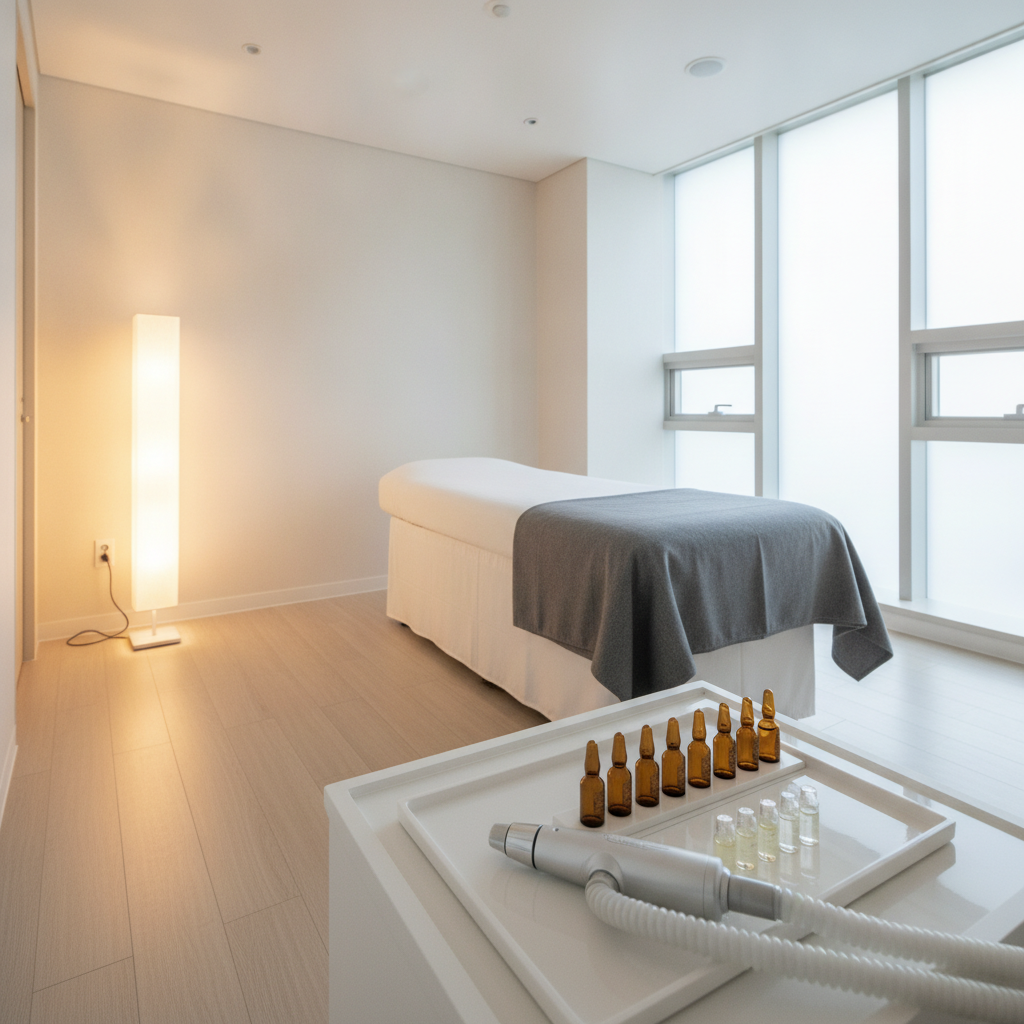 Medical facial handpiece and glass ampoules on a white tray in a Gangnam aesthetic clinic treatment room