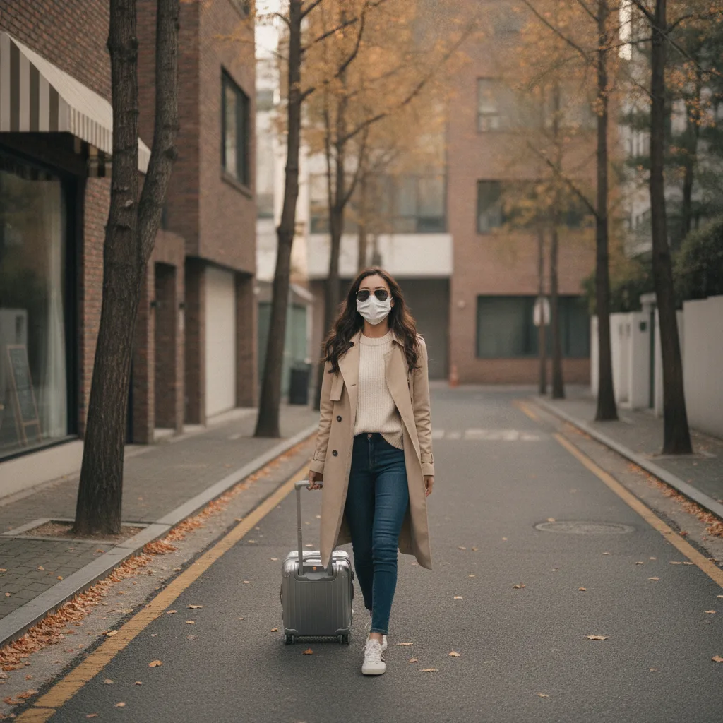 Thai woman in a mask and sunglasses walking a quiet Apgujeong street with a small suitcase