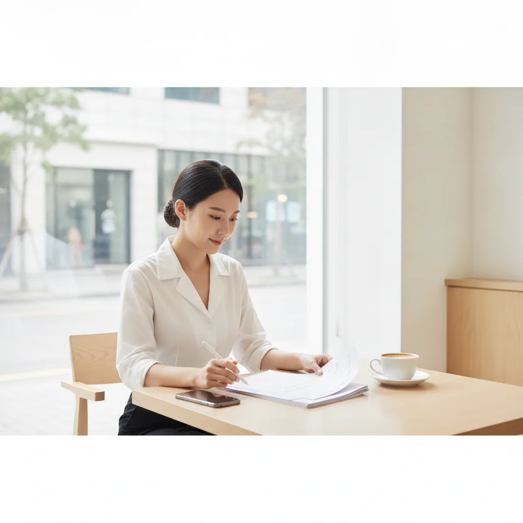 Foreign patient reviewing clinic booking terms and deposit paperwork at an Apgujeong cafe