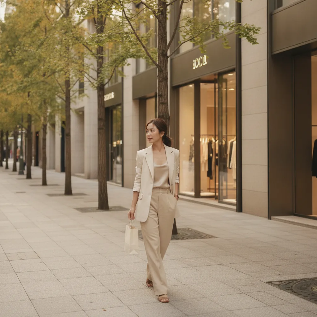 Thai medical tourist walking an Apgujeong Rodeo luxury street post-consultation
