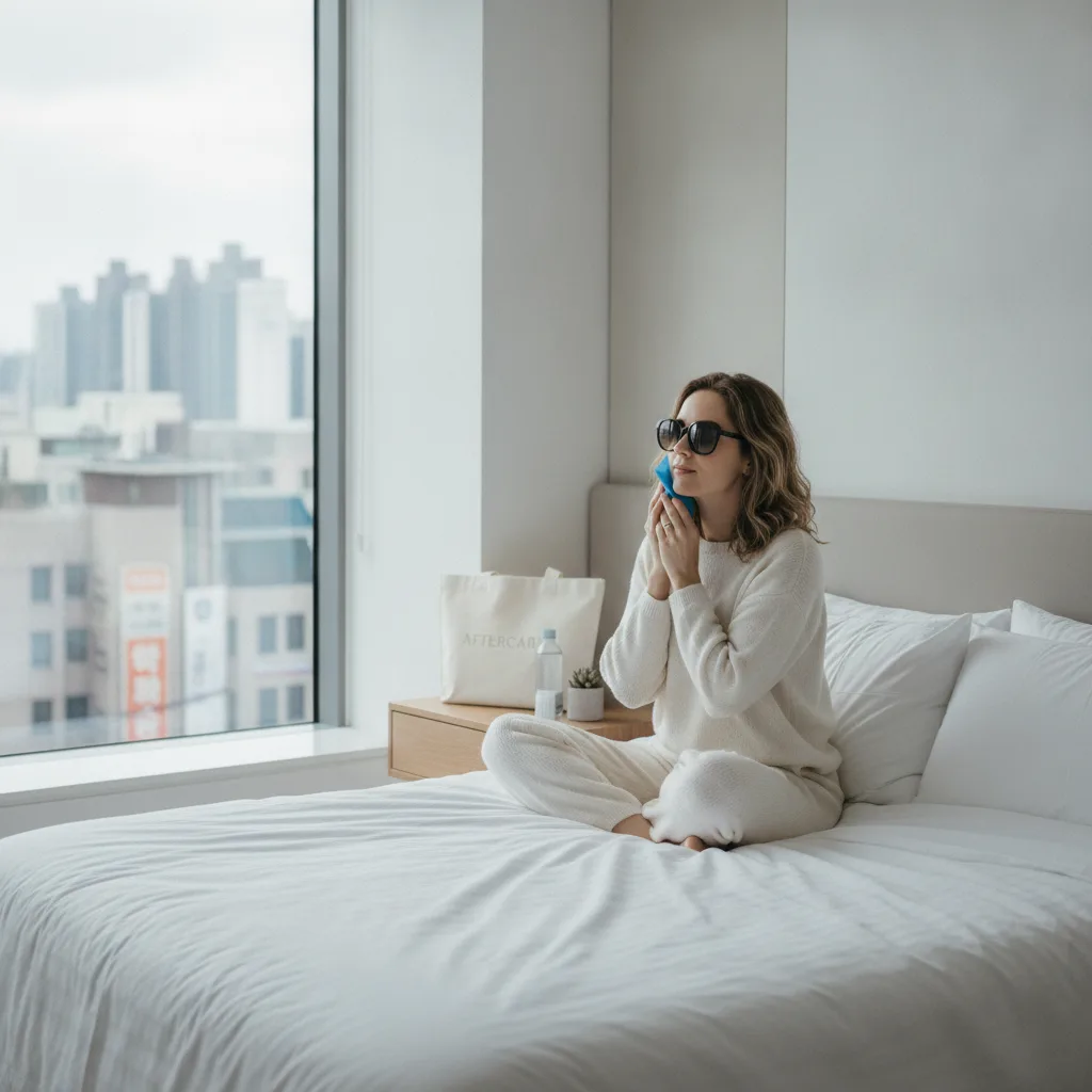 Western woman in loungewear sitting on a bed in an Apgujeong recovery hotel room with a cold compress