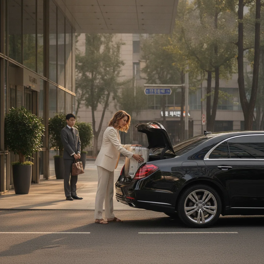 Traveler loading a suitcase into a sedan at a Seoul Gangnam hotel pickup lane in soft morning light
