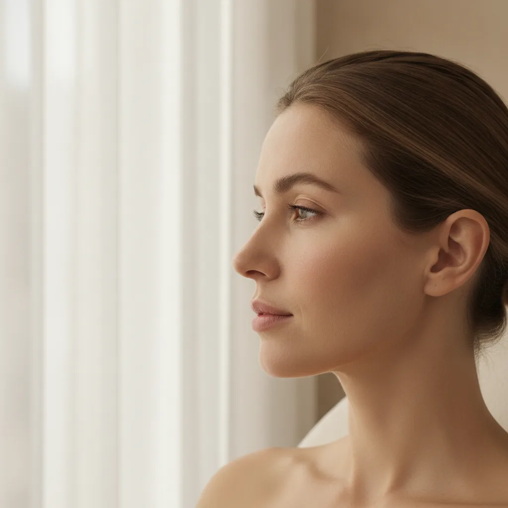 Close-up profile of a woman with a defined jawline and post-treatment glow in a Seoul clinic