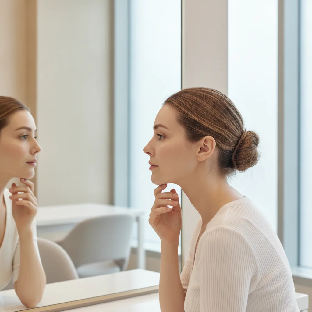 Woman examining her jawline profile in a Seoul plastic surgery consultation room mirror