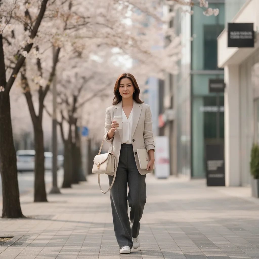 Woman walking in Cheongdam-dong Seoul holding a coffee and a small folder from an aesthetic clinic