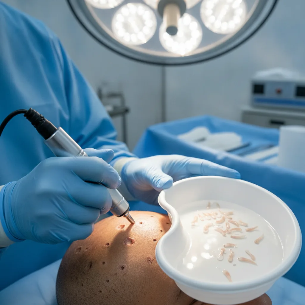 Close-up of a gloved clinician using a motorized follicular unit extraction punch during a Seoul hair transplant procedure