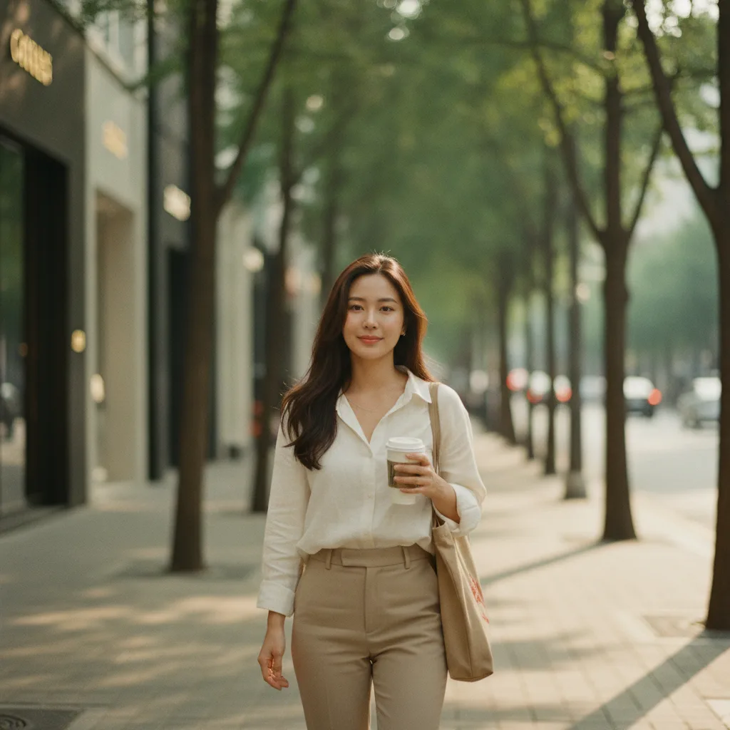 Southeast Asian woman walking in Apgujeong Seoul after plastic surgery recovery